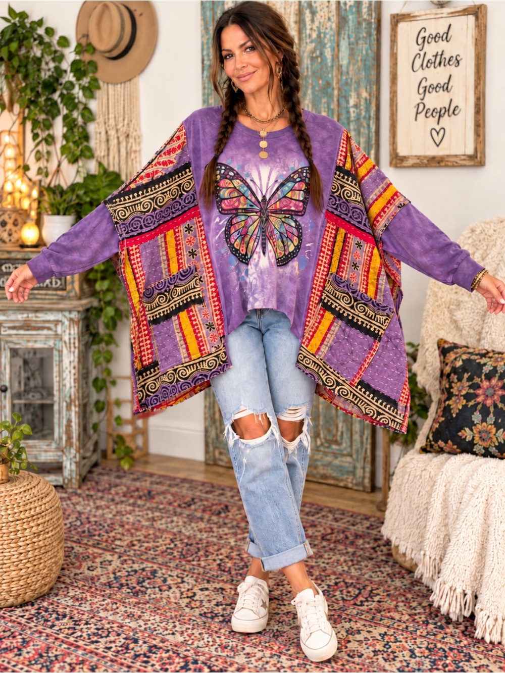 Butterfly Patchwork Tunic Top Purple Hi Low Boho Oversized Pockets Handmade OOAK